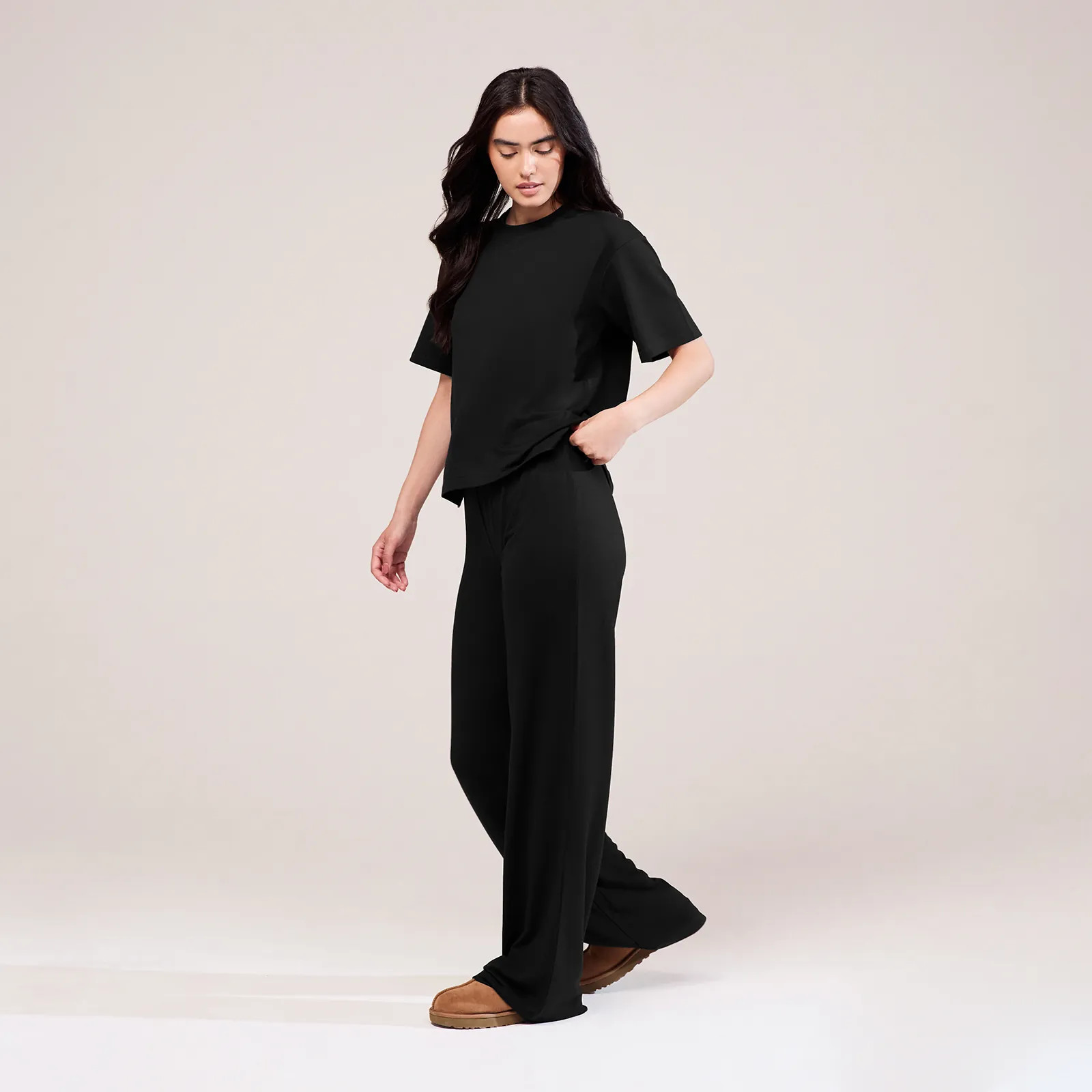Soft Touch Wide Leg Lounge Set | Black | LOVALL