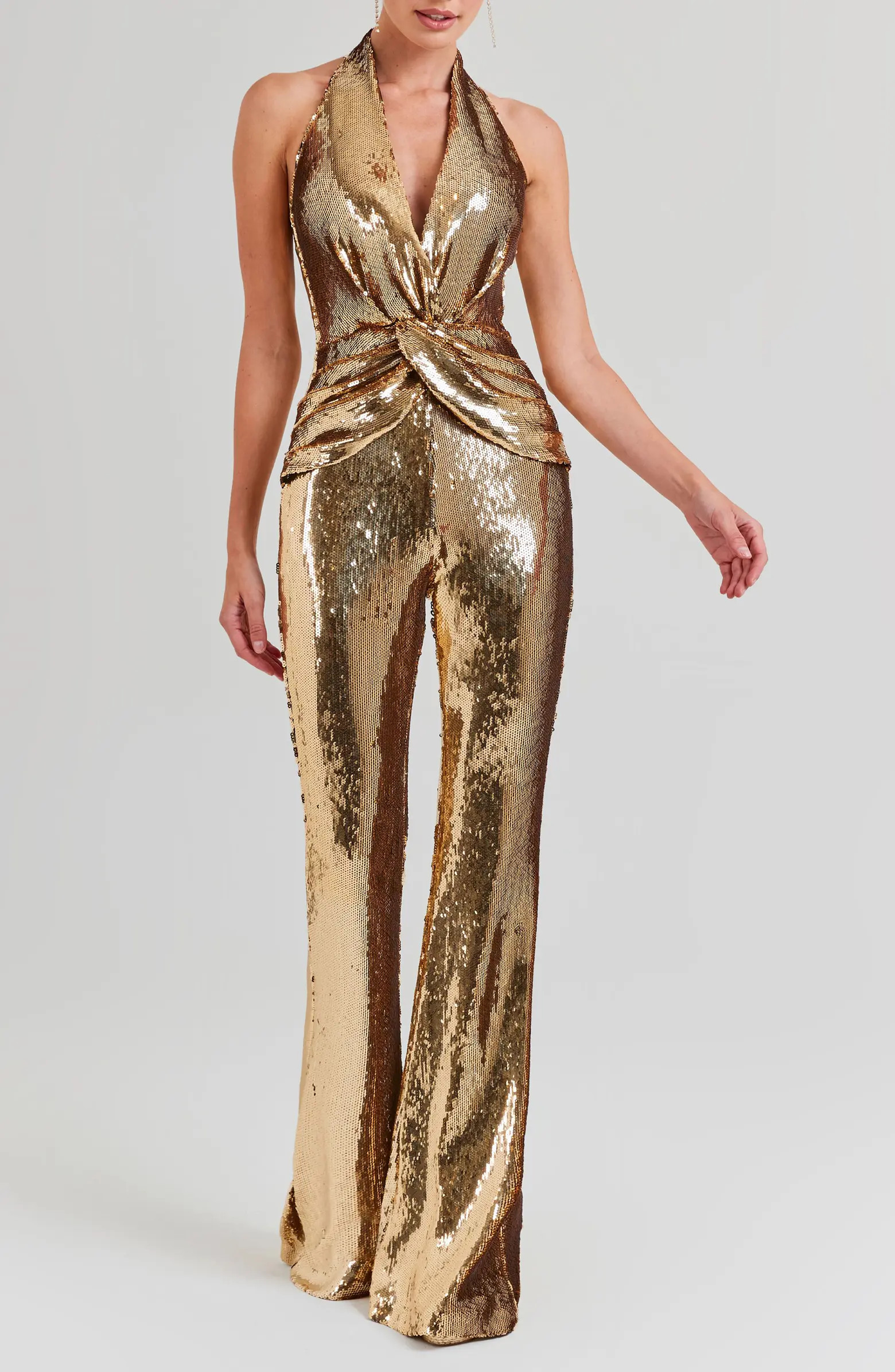 NADINE MERABI Tianna Sequin Halter Flare Jumpsuit | Nordstrom | Nordstrom