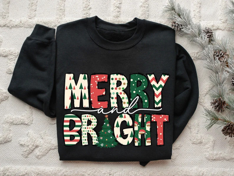 Merry and Bright Sweatshirt, Christmas Sweatshirt, Family Christmas Sweatshirt, Christmas Sweatsh... | Etsy (US)