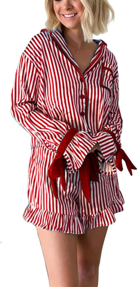 Sawden Women Christmas Pajamas Set Striped Xmas Pjs Cute Long Sleeve Top and Shorts Loungewear | Amazon (US)
