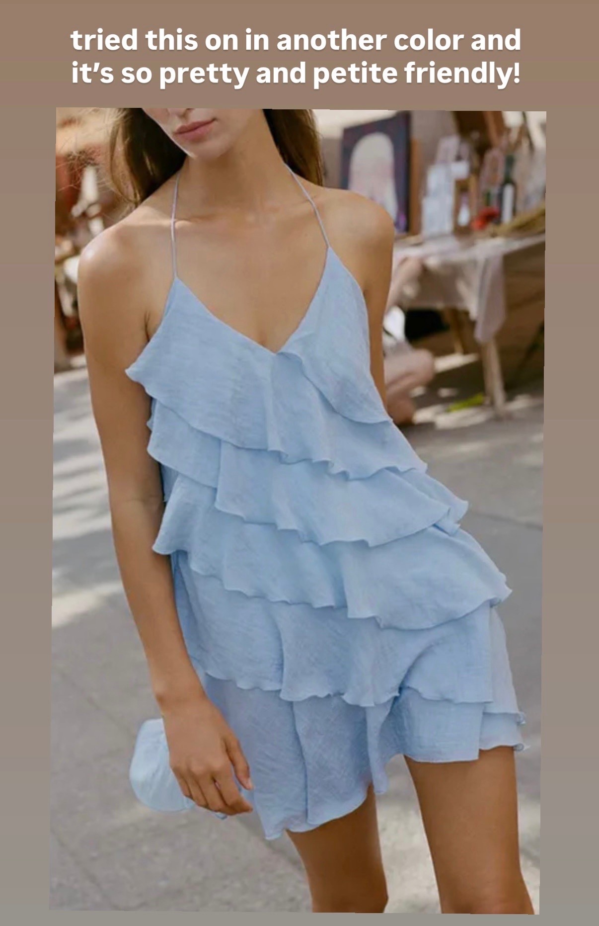 XS fits me and is flowy with ruffle movement and petite friendly. Wear with nippies or can go no bra bc of the layers. Also tried the black ruffle version too that’s linked. 

Zara dress, summer blue dress
