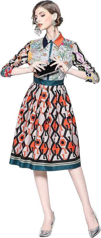 LAI MENG FIVE CATS Women's 3/4 Sleeve Floral Print Button up Casual A-line Party Swing Midi Dress | Amazon (US)