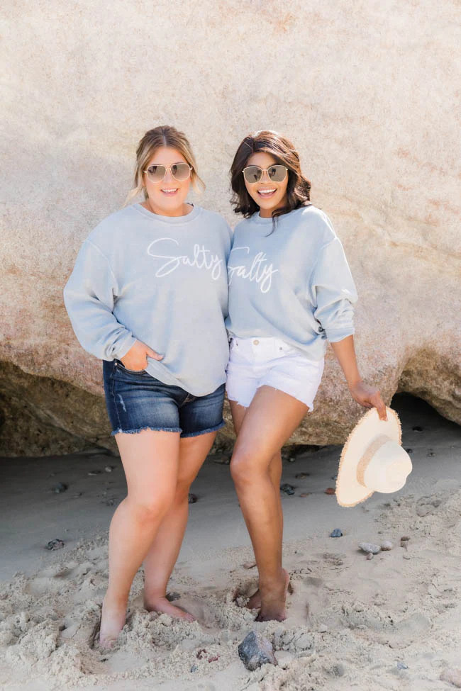 Salty Script Corded Graphic Faded Denim Sweatshirt | Pink Lily