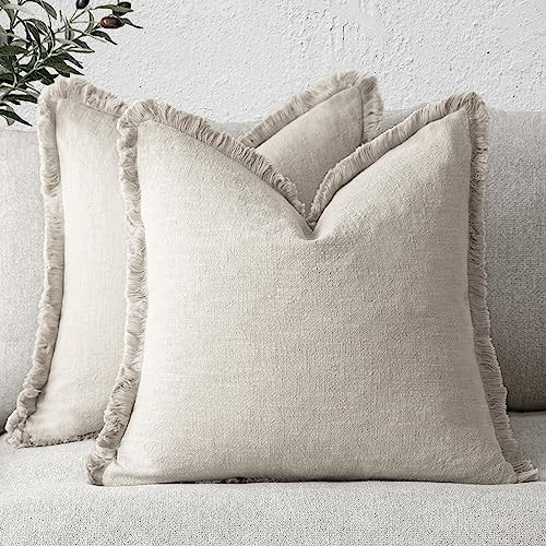 Foindtower Set of 2 Decorative Linen Fringe Throw Pillow Covers Cozy Boho Farmhouse Cushion Cover with Tassels Soft Accent Pillowcase for Couch Chair Sofa Bed Living Room Home Decor,18×18 Inch,Beige | Amazon (US)