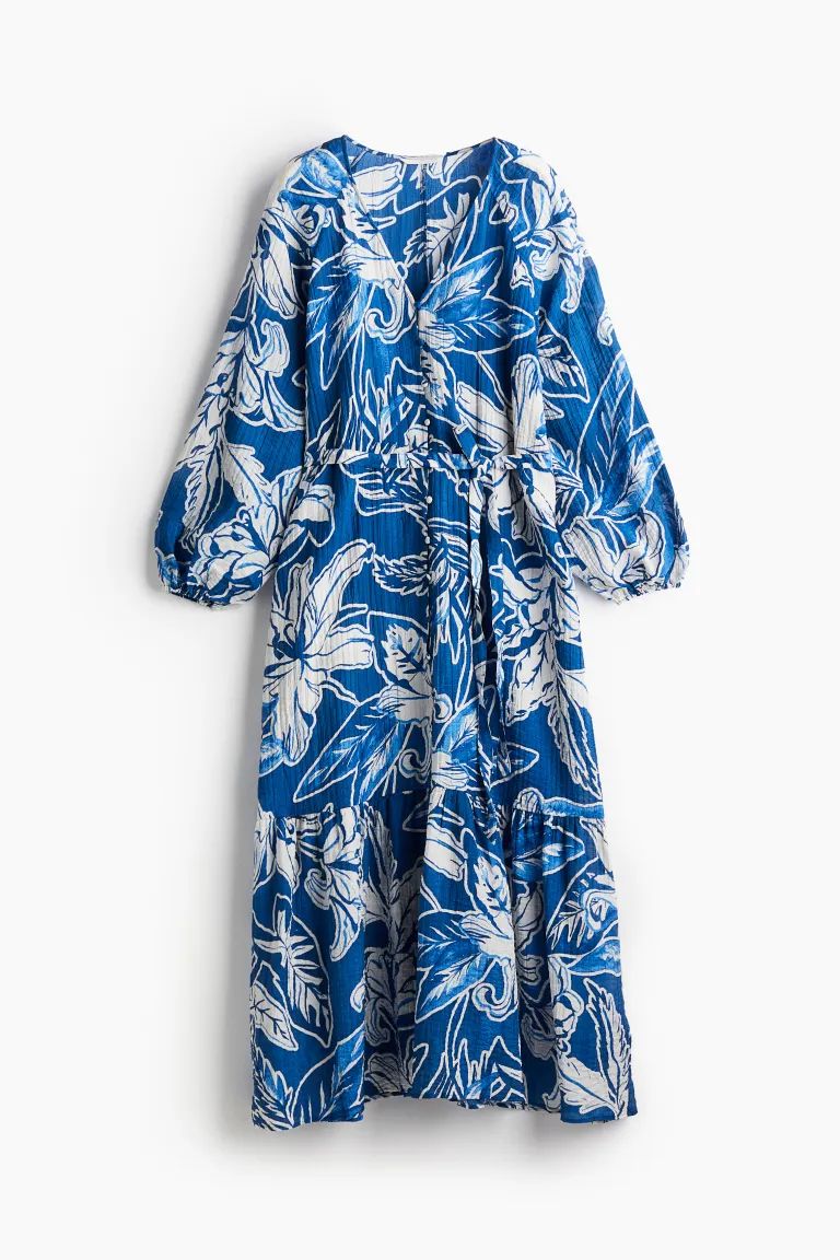 Tie-belt Crêpe Dress - V-neck - Long sleeve - White/floral - Ladies | H&M US | H&M (US + CA)