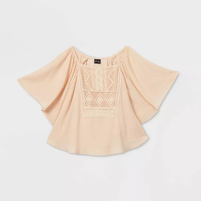 Girls' Crochet Front Woven Long Sleeve Top - art class™ Beige | Target
