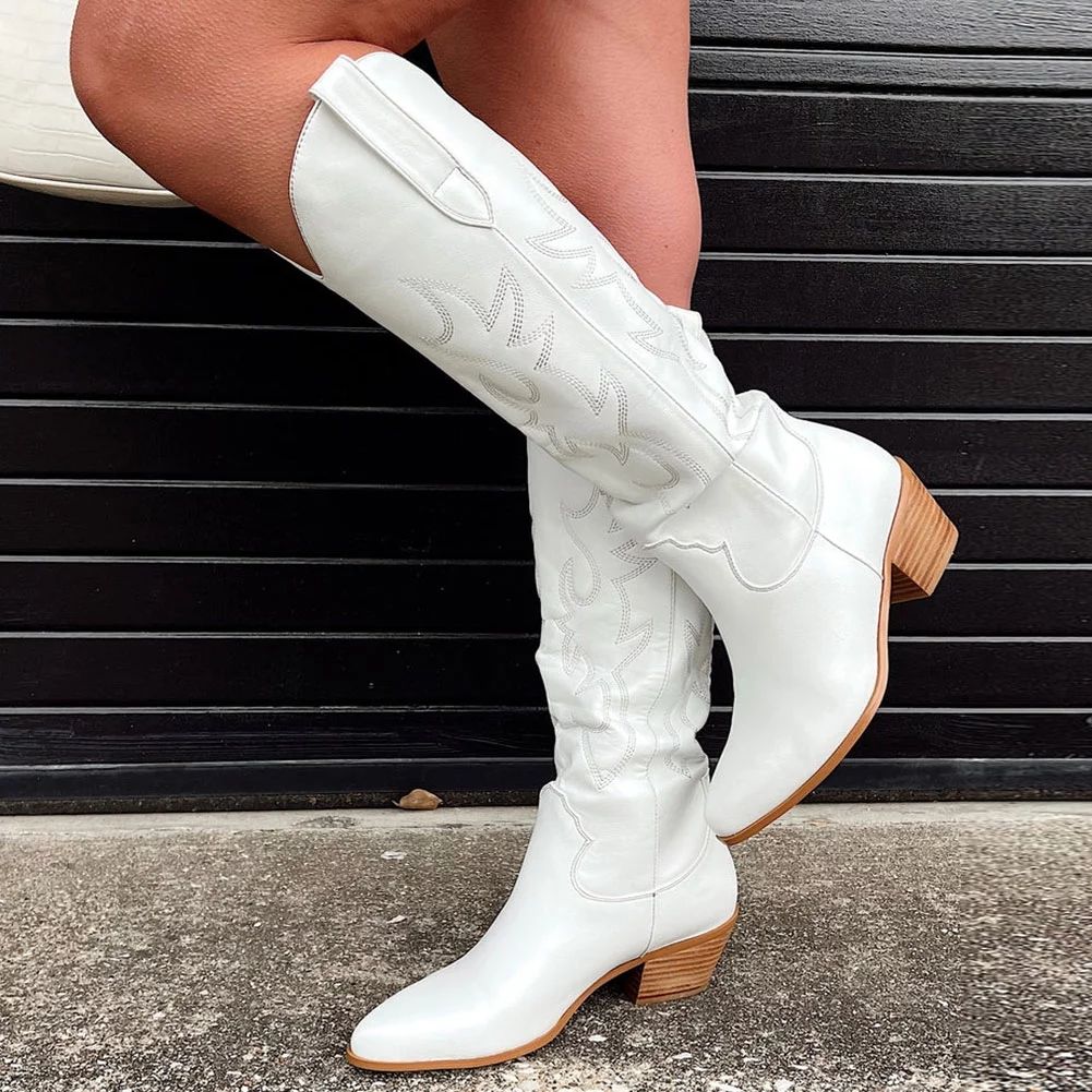 Sarairis Western Cowgirl Cowboy Boots For Women White Block Heel Shoes Vintage Retro Knee High Bo... | Walmart (US)