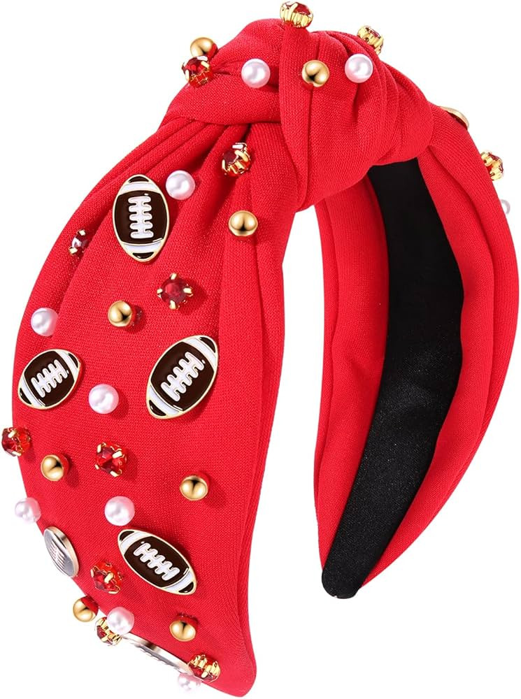 Football Headband Pearl Rhinestone Jeweled Knotted Headband Fun Sports White Hot Pink Black Blue ... | Amazon (US)