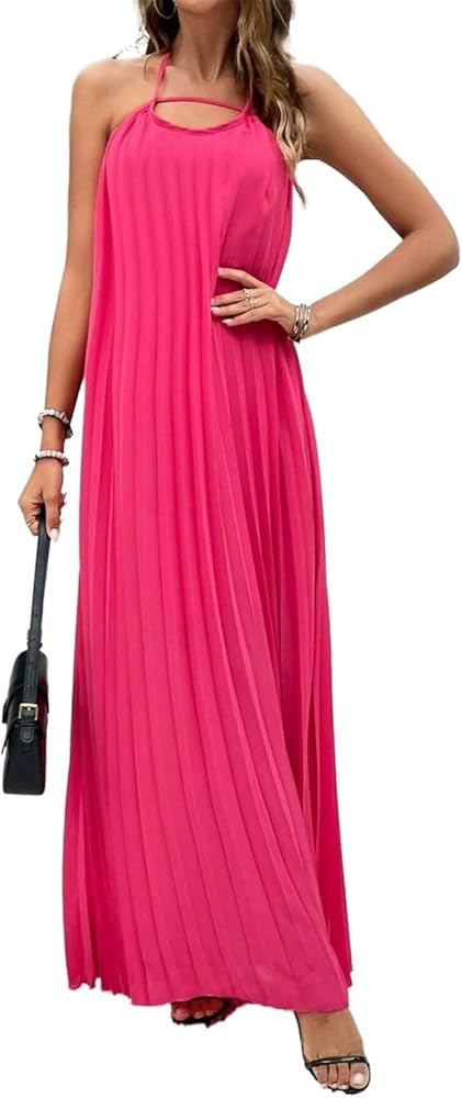 GLIGET Womens Summer Dresses Solid Pleated Halter Long Dress Without Belt | Amazon (US)
