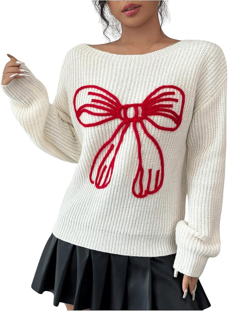 MakeMeChic Women's Bow Sweater Boat Neck Sweater Long Sleeve Knit Cute Sweaters Pullover Top | Amazon (US)