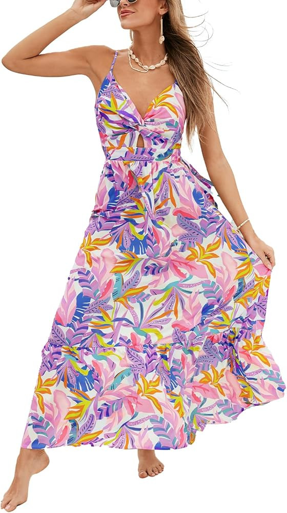 CUPSHE Women's Maxi Dress Floral Print Twisted V Neck Sleeveless Long Dress Summer Casual Dress | Amazon (US)