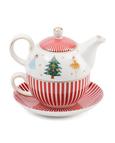 Christmas Cheers Striped Teapot And Sacuer | TJ Maxx