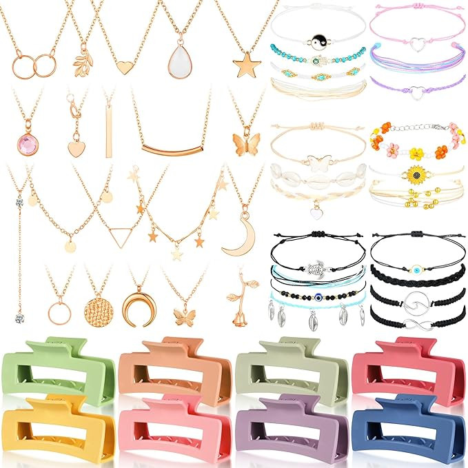 49 Pcs Women Accessories Surfer Wave string Friendship Bracelets Layered Choker Square Claw Hair ... | Amazon (US)