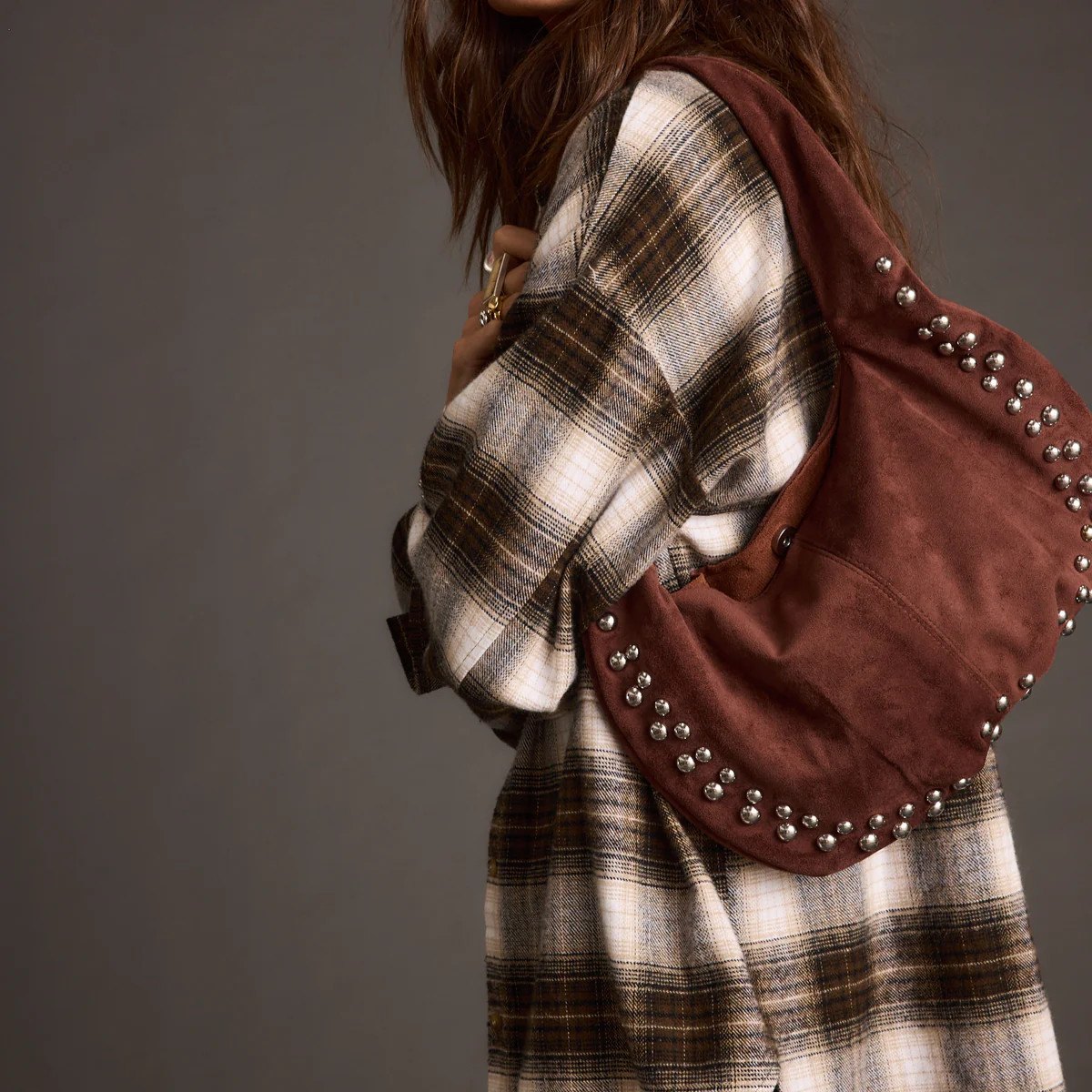 Emery Mocha Studded Faux Suede Bag | 12th Tribe