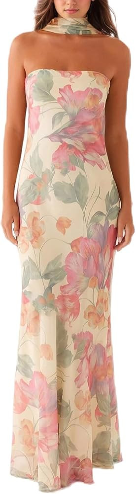 Women Floral Tube Maxi Dress with Scarf Summer Strapless Tube Bodycon Mesh Layer Cocktail Party W... | Amazon (US)