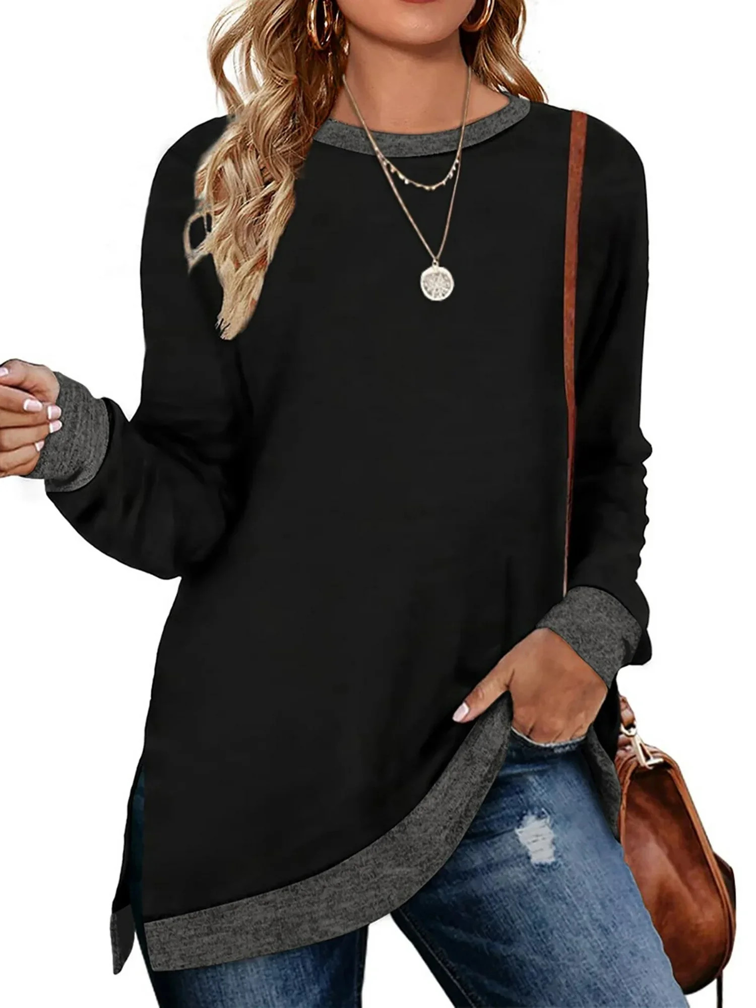 SWQZVT Womens Fall Tops Long Sleeve Shirts Crewneck Loose Casual Pullover Fashion Color Block Sid... | Walmart (US)