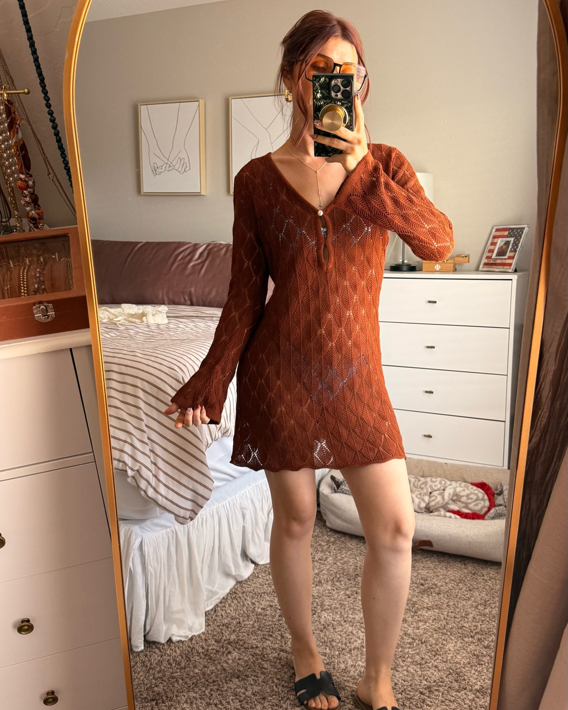 Terracotta crocheted swim cover dress with pearl button and flare bell sleeves - size M.
Black and brown Sandals - size down half a size.

Summer outfits, summer dresses, beach vacation outfits, vacation outfits beach

#LTKSeasonal #LTKootd #LTKmomlife