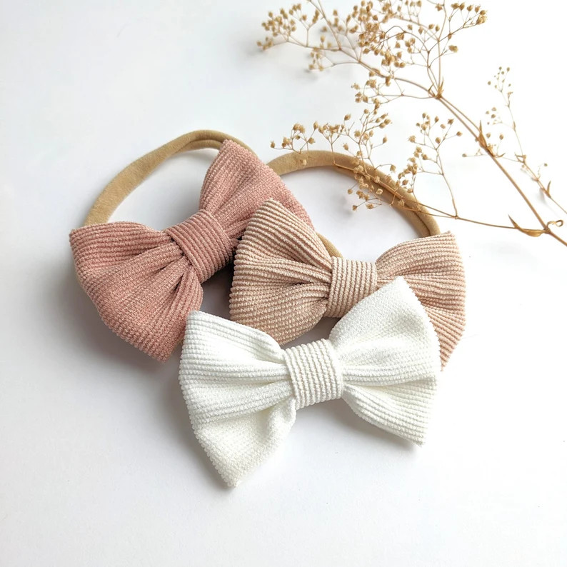 Girls Corduroy Hair Bow, Nylon Baby Headband, Hand Tied Newborn Hairbow, Infant Spring Headwrap, ... | Etsy (US)