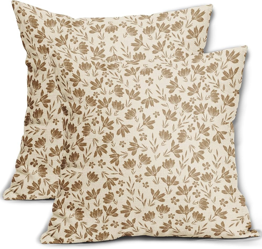 Aytipun Brown Floral Pillow Covers 18x18 Set of 2 Vintage Rustic Old Style Cute Small Flower Brow... | Amazon (US)
