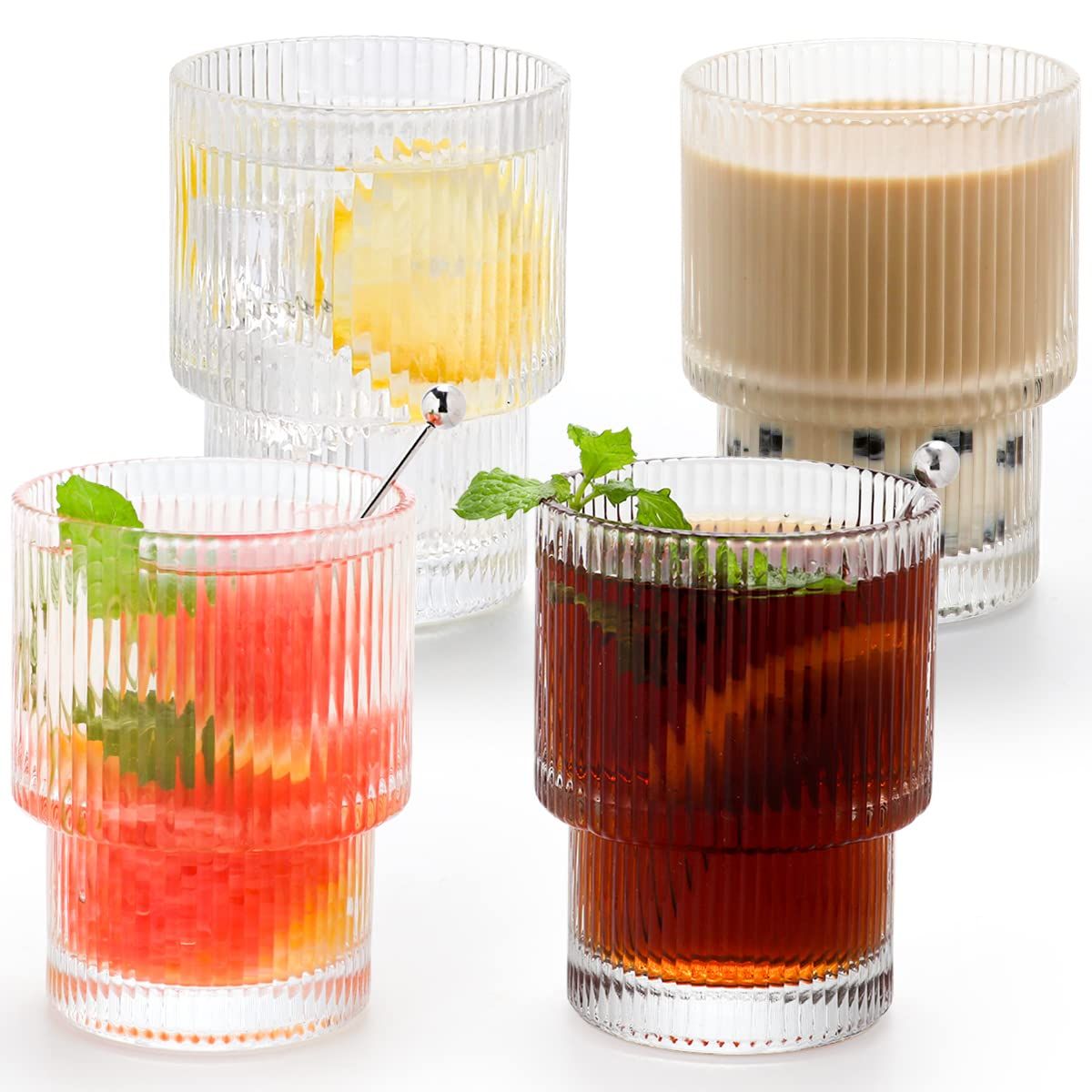 Swetwiny Origami Style Glass Cups Vintage Glassware Set of 4, Ribbed Glassware Unique Kitchen Drinki | Amazon (US)