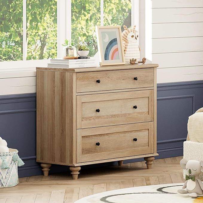 WAMPAT Baby Dresser for Bedroom with 3 Drawers, Oak Kids Dressers with Wide Chest of Drawers, Mid... | Amazon (US)