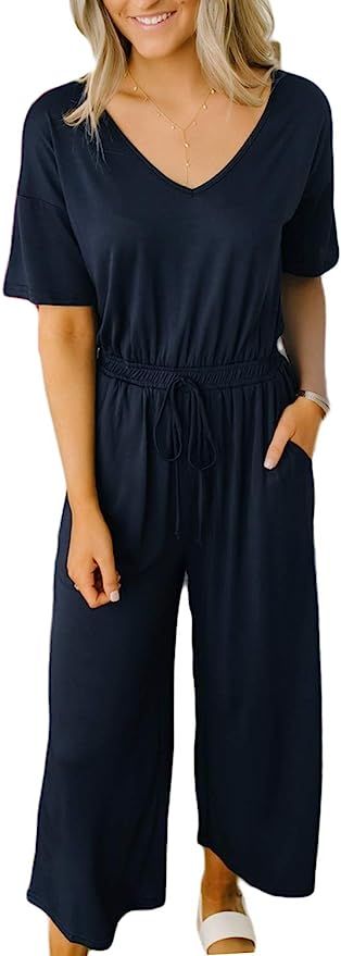 ANRABESS Women Jumpsuits Summer Loose Deep V Neck Short Sleeve Elastic Waist Romper Playsuits wit... | Amazon (US)
