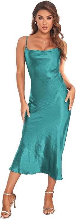 Women's Spaghetti Strap Midi Satin Silk Dresses Slip Cowl Neck Party Cocktail Evening Sexy Dress | Amazon (US)