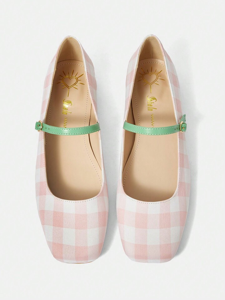 CUCCOO DOLLMOD Women Red Flat Square Toe Checkered Cloth Mary Jane Shoes With Schoolgirl Style An... | SHEIN