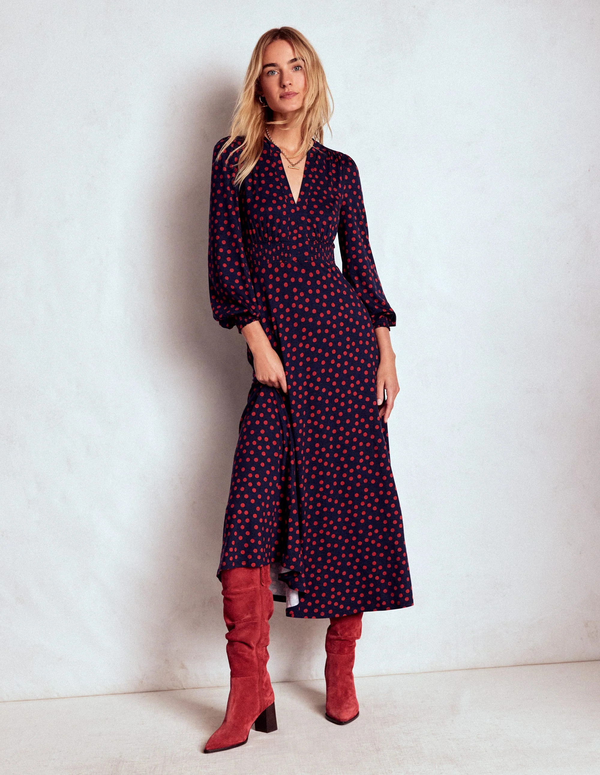 Ivy Smocked Midi Dress-French Navy, Painted Dot | Boden (US)
