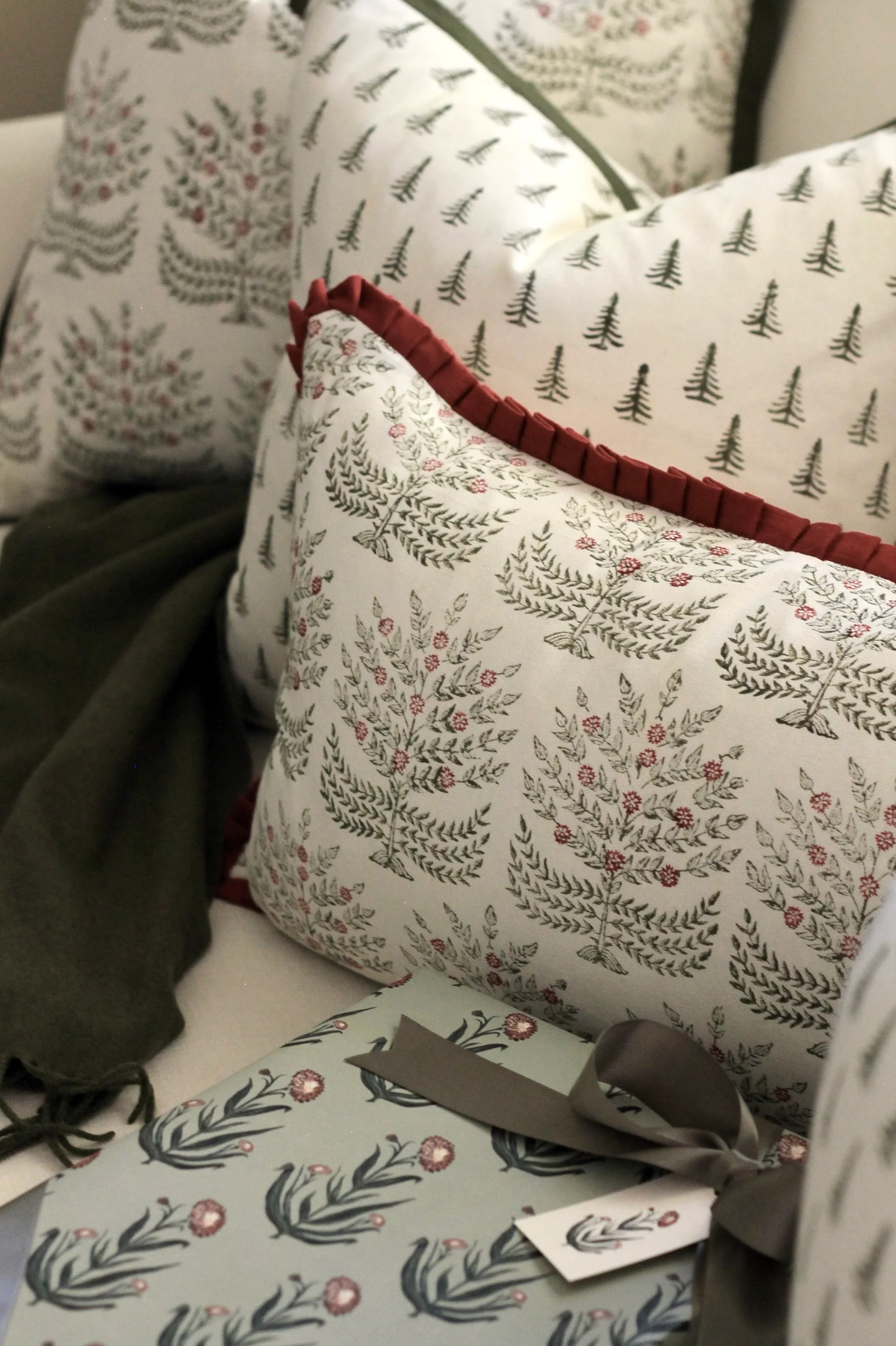 Holiday Hannah Pillow Covers | Red Trimmed Rectangle with Claire in Red Backing | JSH Home Essentials