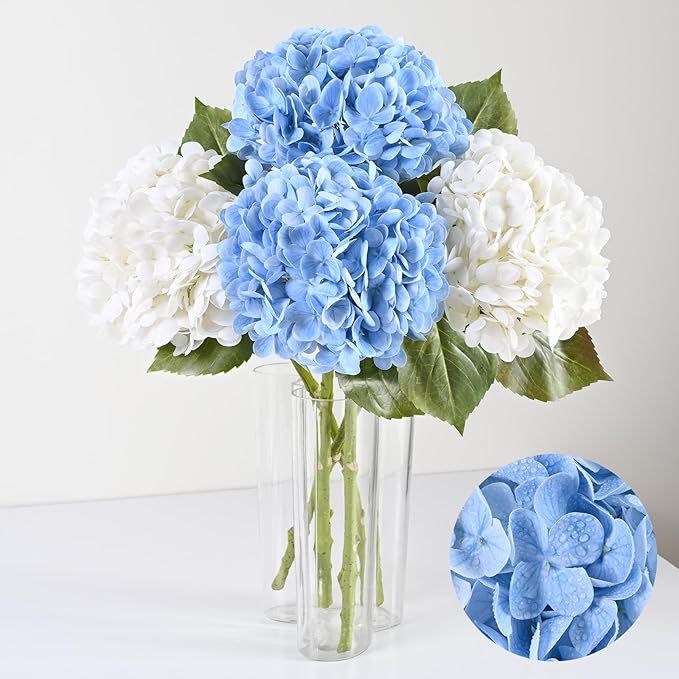 Artflower 4Pcs White & Blue Real Touch Hydrangea Artificial Flowers, 22.5'' Faux Full Latex Hydra... | Amazon (US)