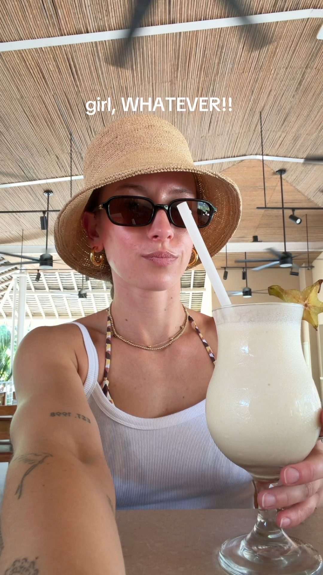 11/12/25 Finally made it to paradise 🤍 My easy, comfy travel outfit for arriving at our vacation destination — wearing my favorite white Aritzia tank top, Amazon sunglasses, and my Lack of Color bucket hat. The perfect effortless look for sunny travels!

#LTKSwim #LTKTravel