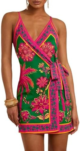Women's Summer Boho Mini Dress Tropical Print Cami Dresses Wrap V Neck Tie Knot Vacation Beach Sh... | Amazon (US)