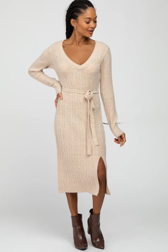 Beige Brushed Cable Knit Maternity Sweater Dress | PinkBlush Maternity