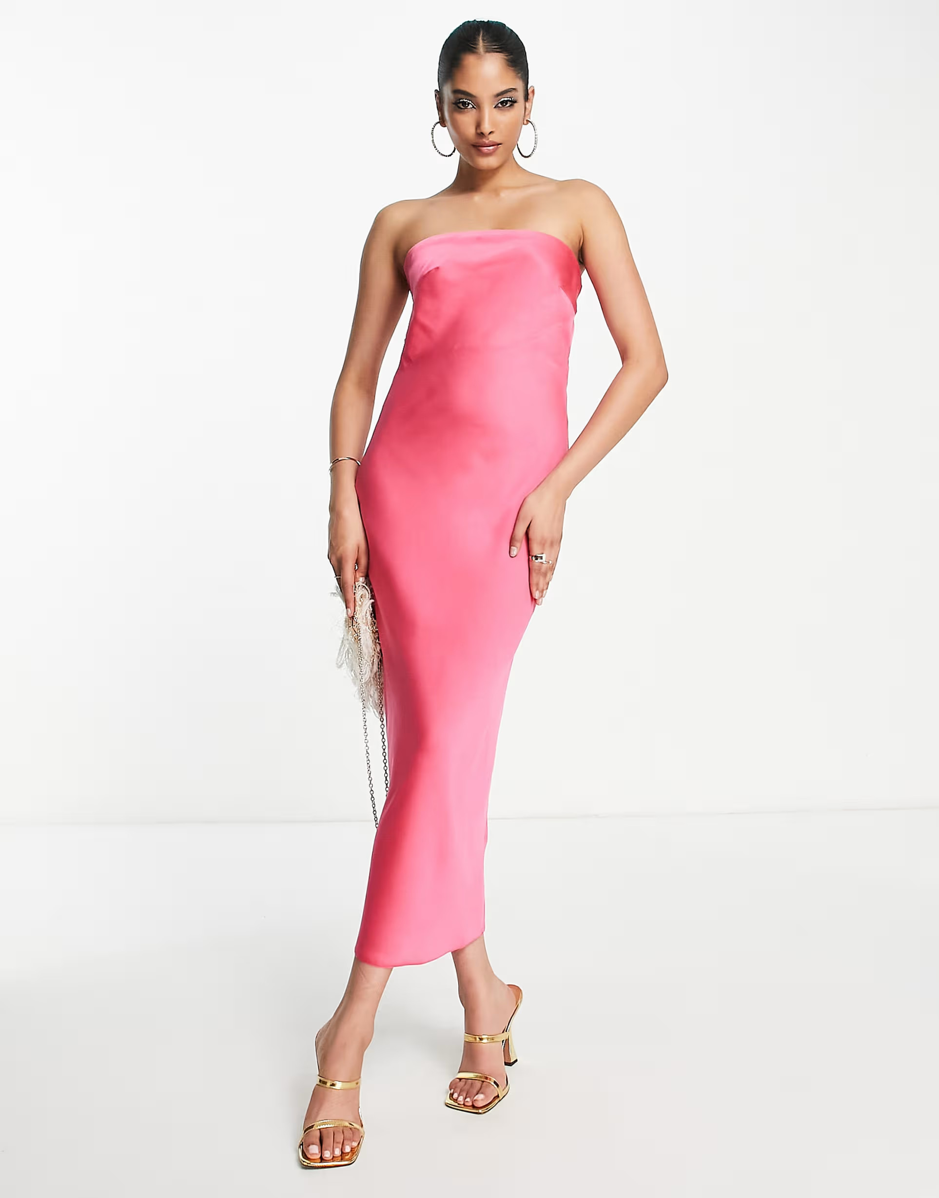 ASOS DESIGN satin bandeau midi dress with cowl back in hot pink | ASOS (Global)