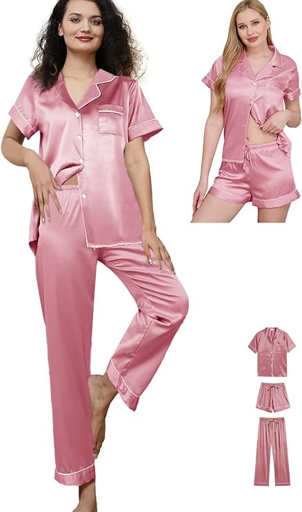 Womens Pajama Sets 3Pcs Silk Satin Pajamas Set XS-2XL Sleepwear Silky Pj Sets Nightwear Pjs Loung... | Amazon (US)