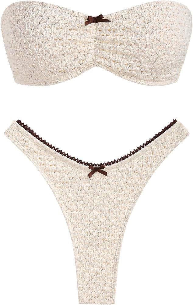 ZAFUL Women's Strapless Bikini Openwork Textured Bow Ruched Lace Up Thong Bandeau Swimsuit Bathin... | Amazon (US)