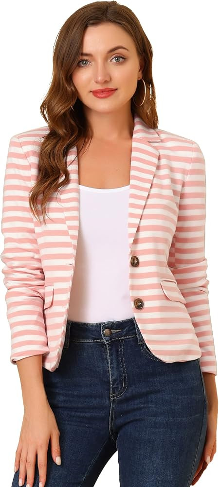 Allegra K Women's Notched Lapel Pocket Button Closure Striped Blazer | Amazon (US)