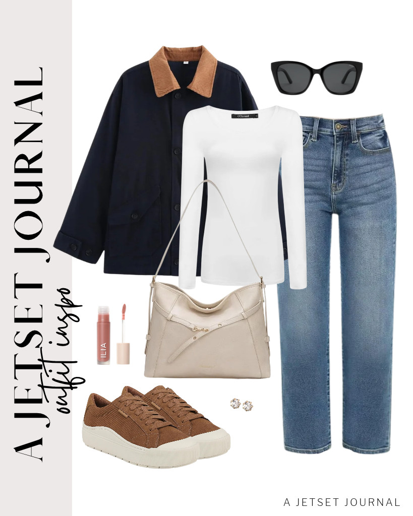 We love this oversized black barn jacket paired with this combo of a white long-sleeve top from OThread & Co. plus KDF straight-leg jeans. This look goes well with a Montana West purse and Dr. Scholl’s Time Off sneakers. You can also add these SOJOS vintage sunnies for this fit. 

 #LTKSeasonal #LTKSaleAlert #LTKTravel