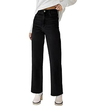 KDF Straight Leg Jeans for Women High Waisted Jeans Frayed Baggy Pants Raw Hem Loose Stretchy Cro... | Amazon (US)