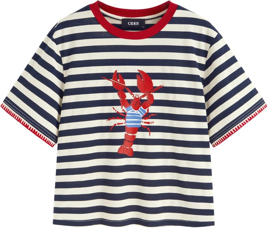 CIDER Striped Crop Tops Lobster Crew Neck Going Out Tops Short Sleeves Beach Vacation Summer Tren... | Amazon (US)