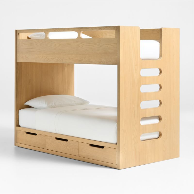 Bridgeman Natural Oak Wood Kids Twin Bunk Bed with Storage Trundle + Reviews | Crate & Kids | Crate & Barrel