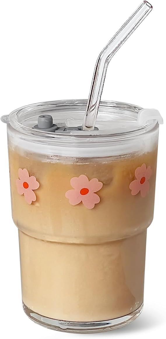 Olvini 13oz Glass Tumbler with Straw and Lid, Reusable Iced Coffee Cup Tumbler, Cute Glass Cups f... | Amazon (US)