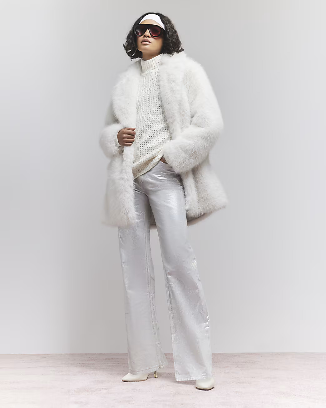 Cream mid length faux fur coat | River Island (UK & IE)