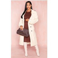 Petite Cream Faux Leather Statement Buckle Trench Coat | PrettyLittleThing CAN