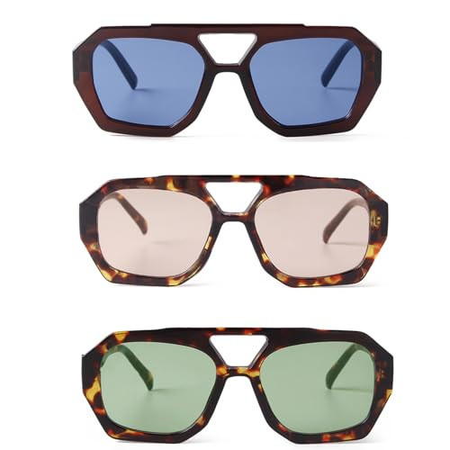 DQbhzh Trendy Hexagon Aviator Sunglasses Womens 3 Pack - Retro Square Plastic Thick Frame, Double Bridge Designer Sun Glasses Colored Lens Aviators Shades | Amazon (US)