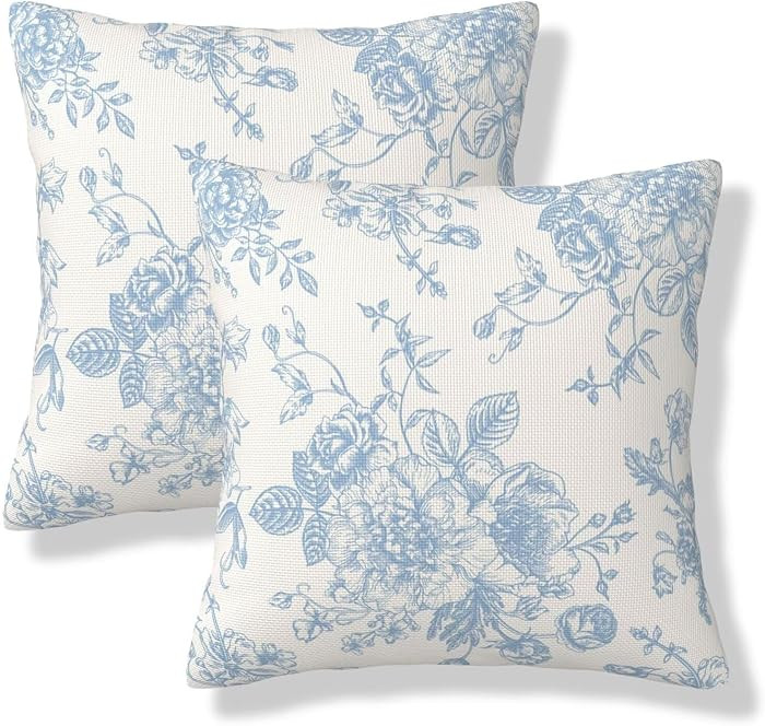 Baby Blue Floral Pillow Covers 18x18 Set of 2 Vintage Chinoiserie Flower Decorative Throw Pillowc... | Amazon (US)