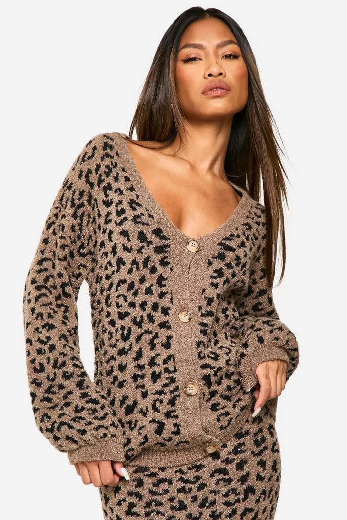 Leopard Boucle Knitted Cardigan | boohoo (US & Canada)