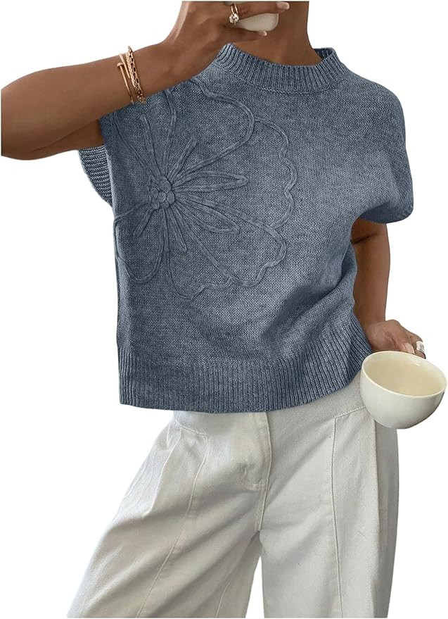 QJQ Women's Short Sleeve Sweater Vest 3D Flower Floral Decor Knit Crewnek Anthropologie Clothes T... | Amazon (US)