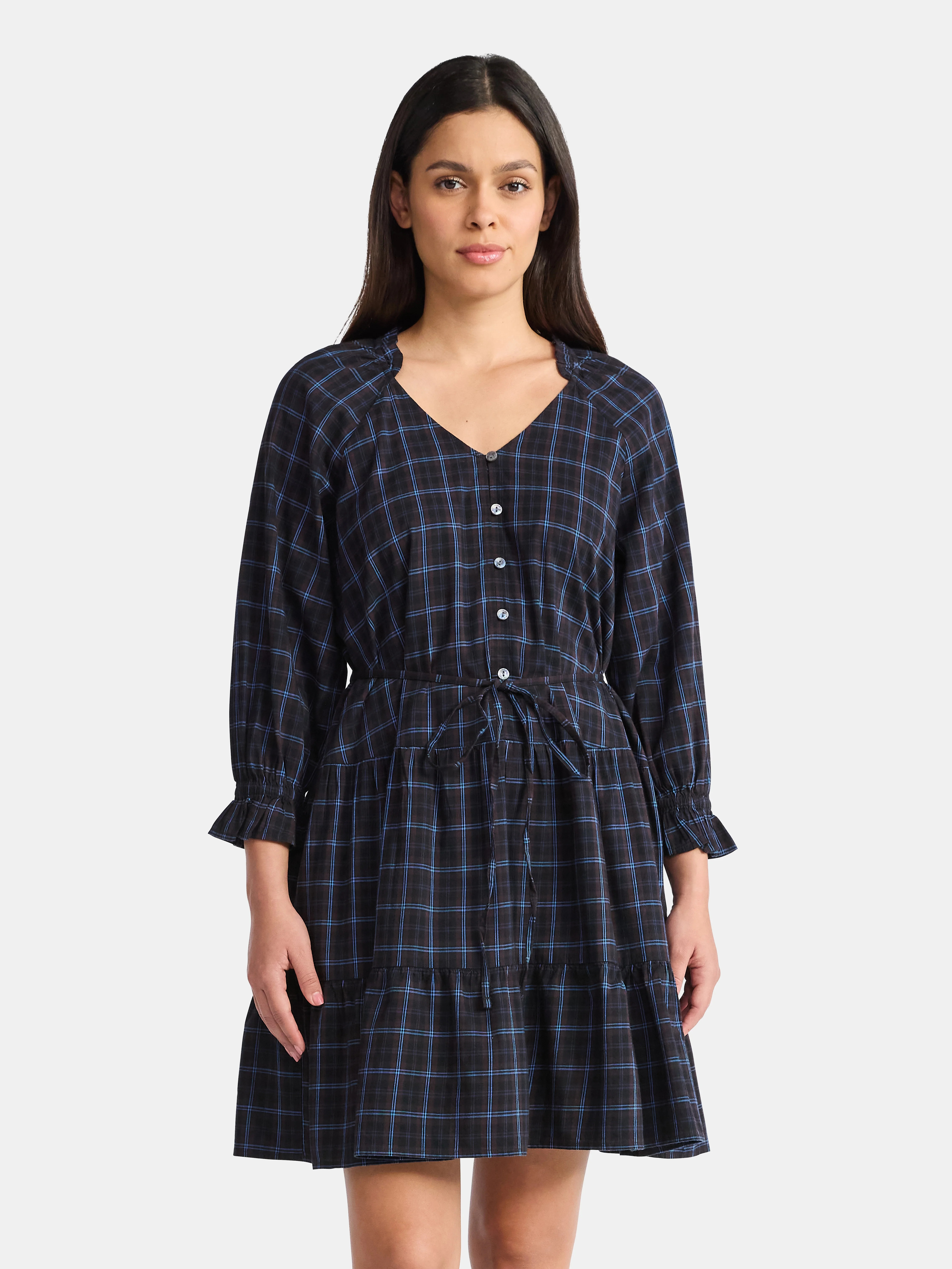 Time and Tru Women's Ruffle Neck Tiered Mini Dress, Sizes XS – XXXL | Walmart (US)